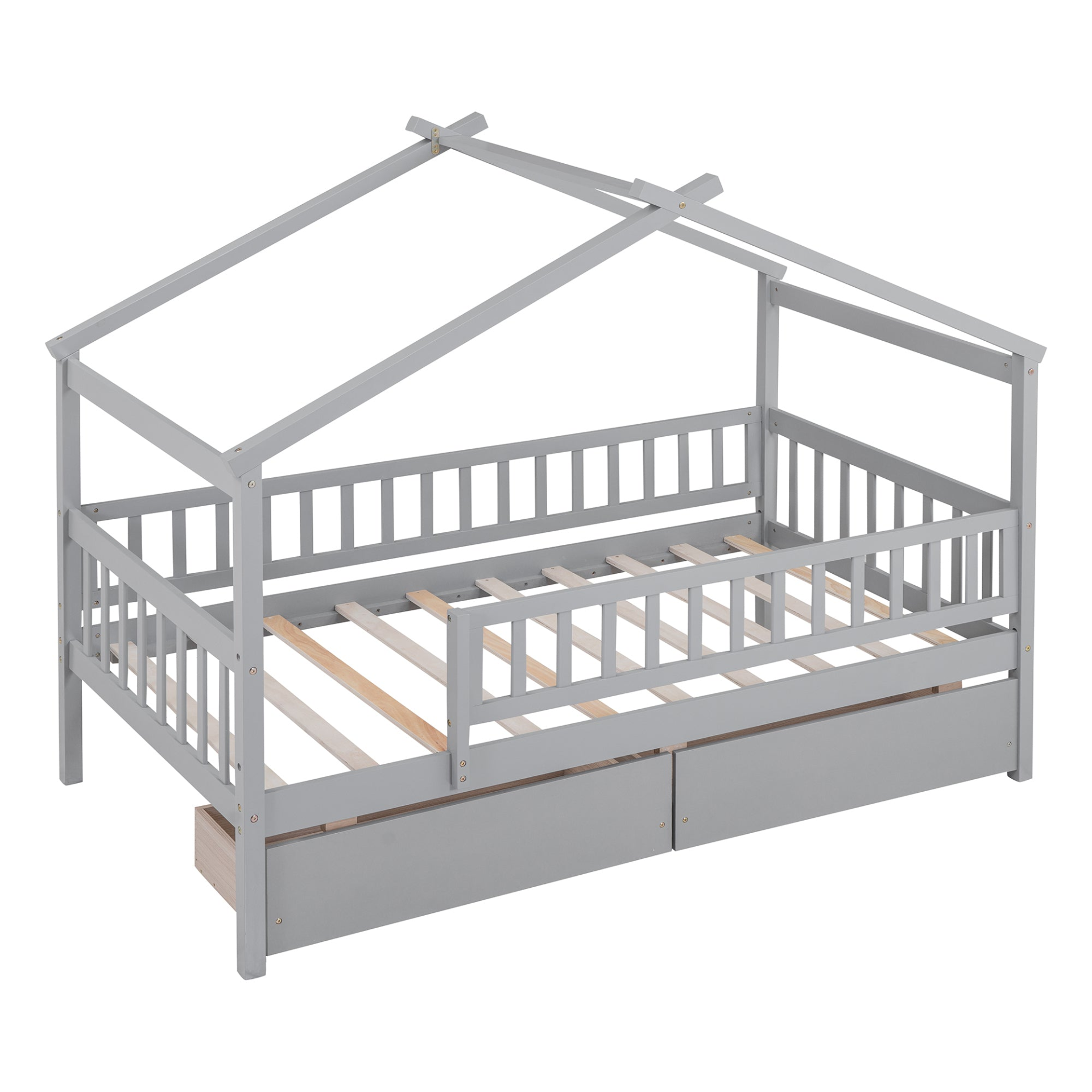 Twin size house bed frame by Start2Finish in wood with two built-in storage drawers for bedroom or guest room.