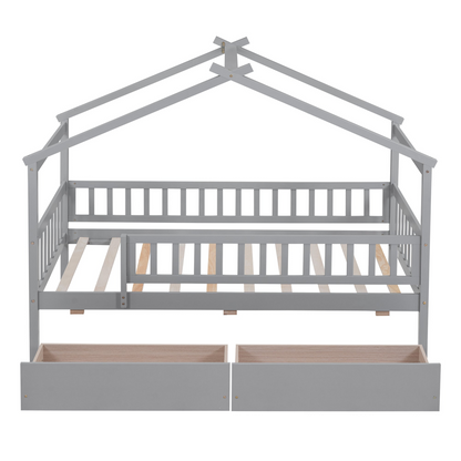 Twin size house bed frame by Start2Finish with wood finish and two storage drawers, ideal for bedroom or guest room.