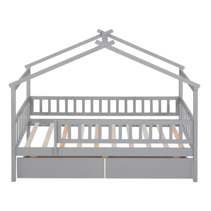 Twin house bed frame by Start2Finish with wood construction and two storage drawers, ideal for bedroom or guest room.