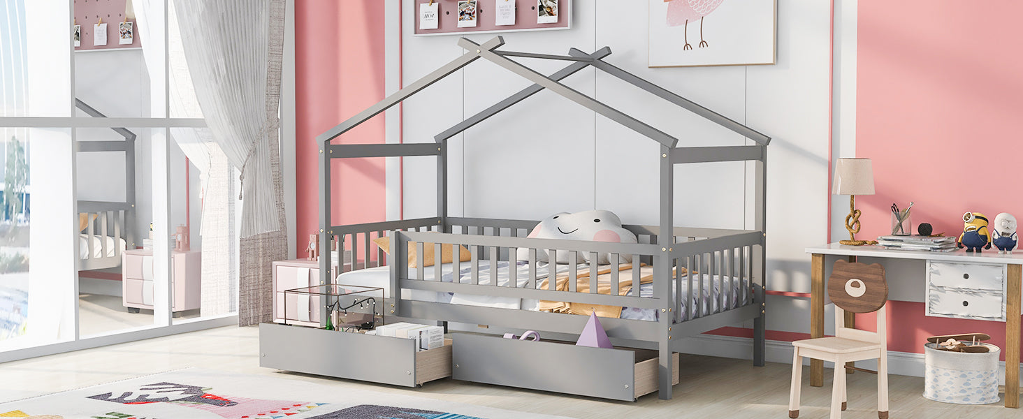 Twin size house bed frame by Start2Finish made of wood with two storage drawers, ideal for bedroom or guest room.