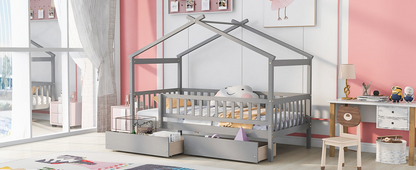 Twin size house bed frame by Start2Finish made of wood with two storage drawers, ideal for bedroom or guest room.