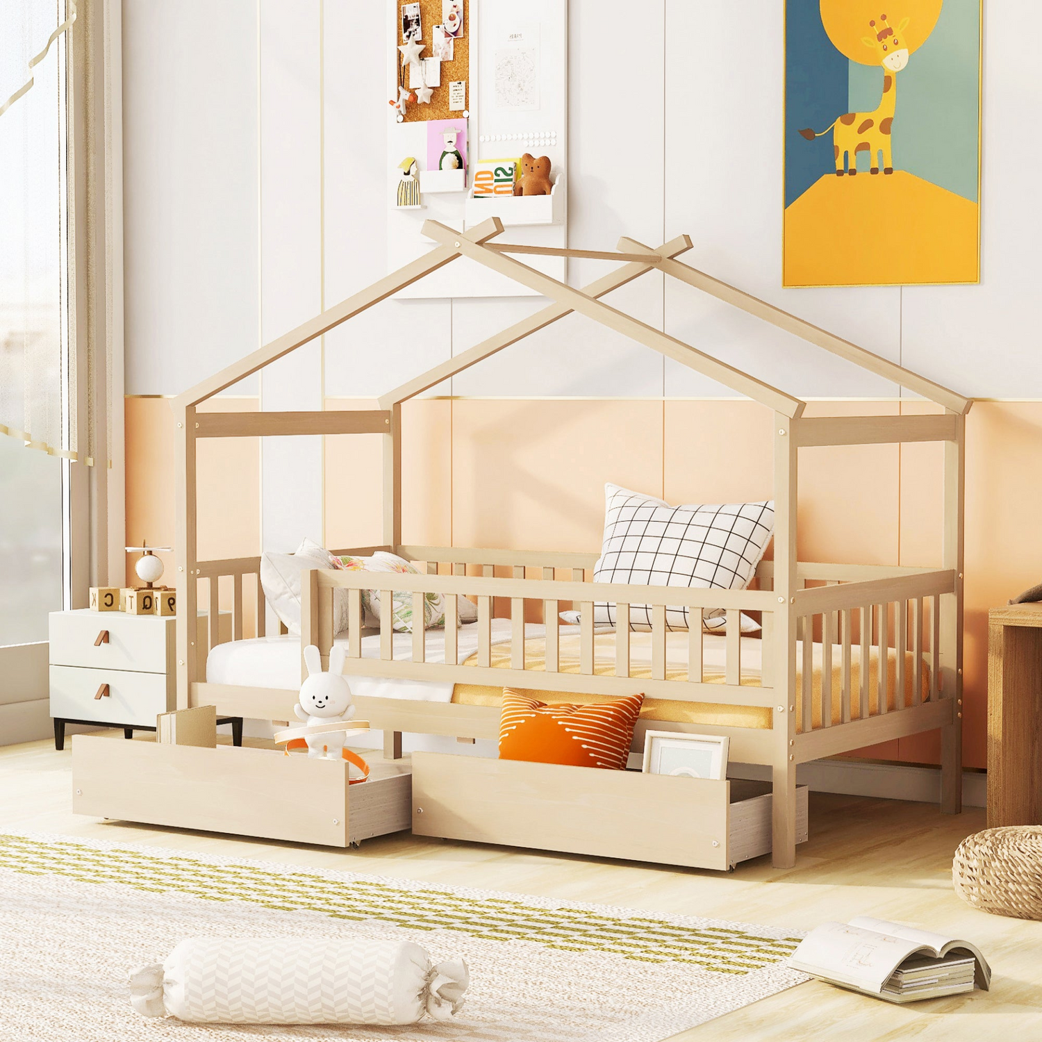 Twin size house bed frame by Start2Finish in wood with two storage drawers, suitable for bedroom or guest room decor.