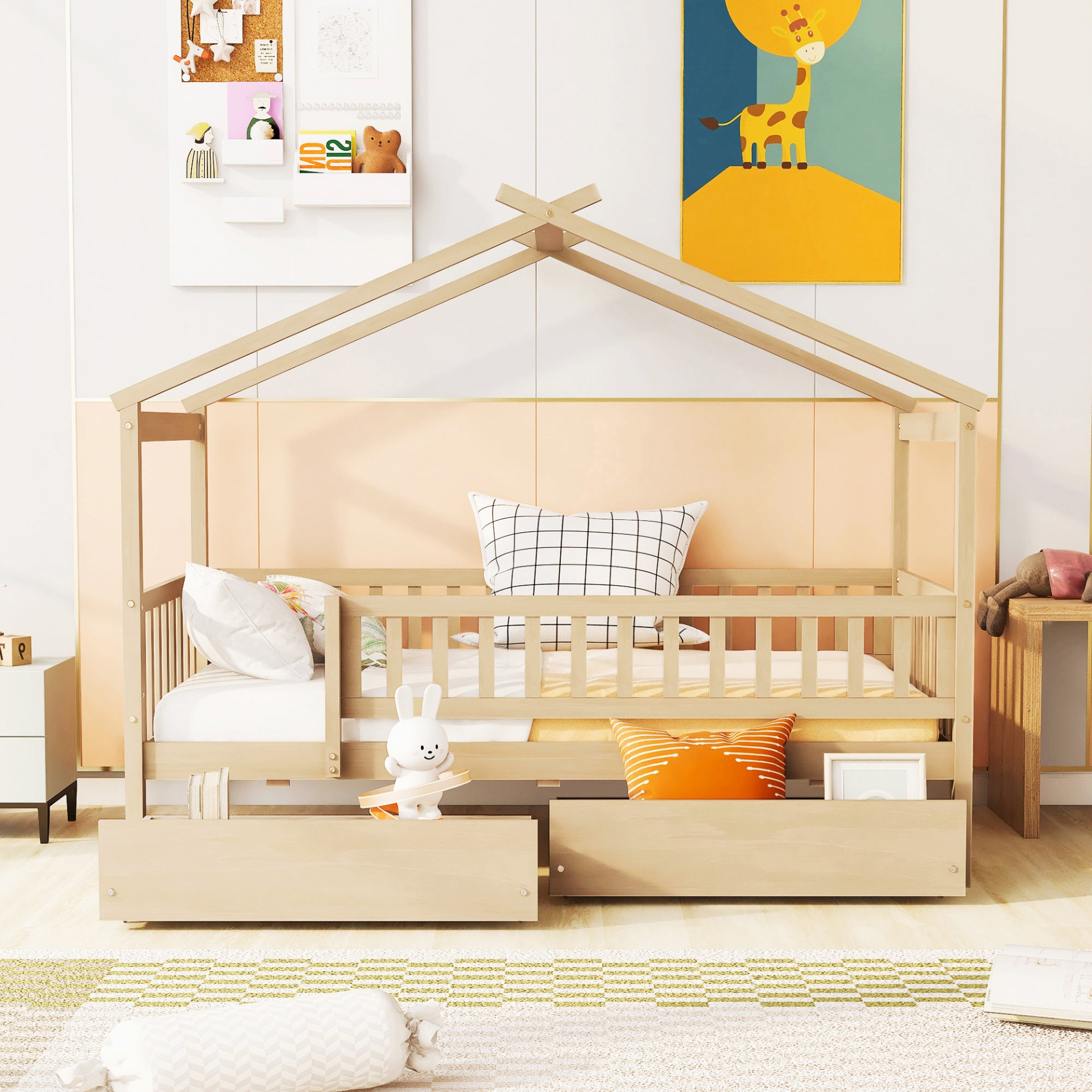 Twin size house bed frame by Start2Finish in wood with two built-in storage drawers, ideal for bedroom or guest room.