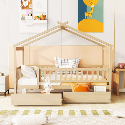 Twin size house bed frame by Start2Finish in wood with two built-in storage drawers, ideal for bedroom or guest room.