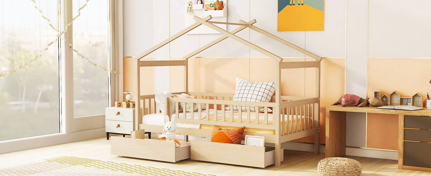 Twin size wood house bed frame with built-in storage drawers from Start2Finish, ideal for bedroom or guest room decor.