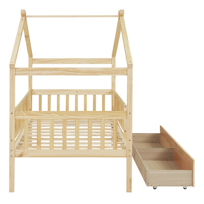 Twin size House Bed Frame by Start2Finish in wood, featuring two built-in storage drawers for bedroom or guest room use.