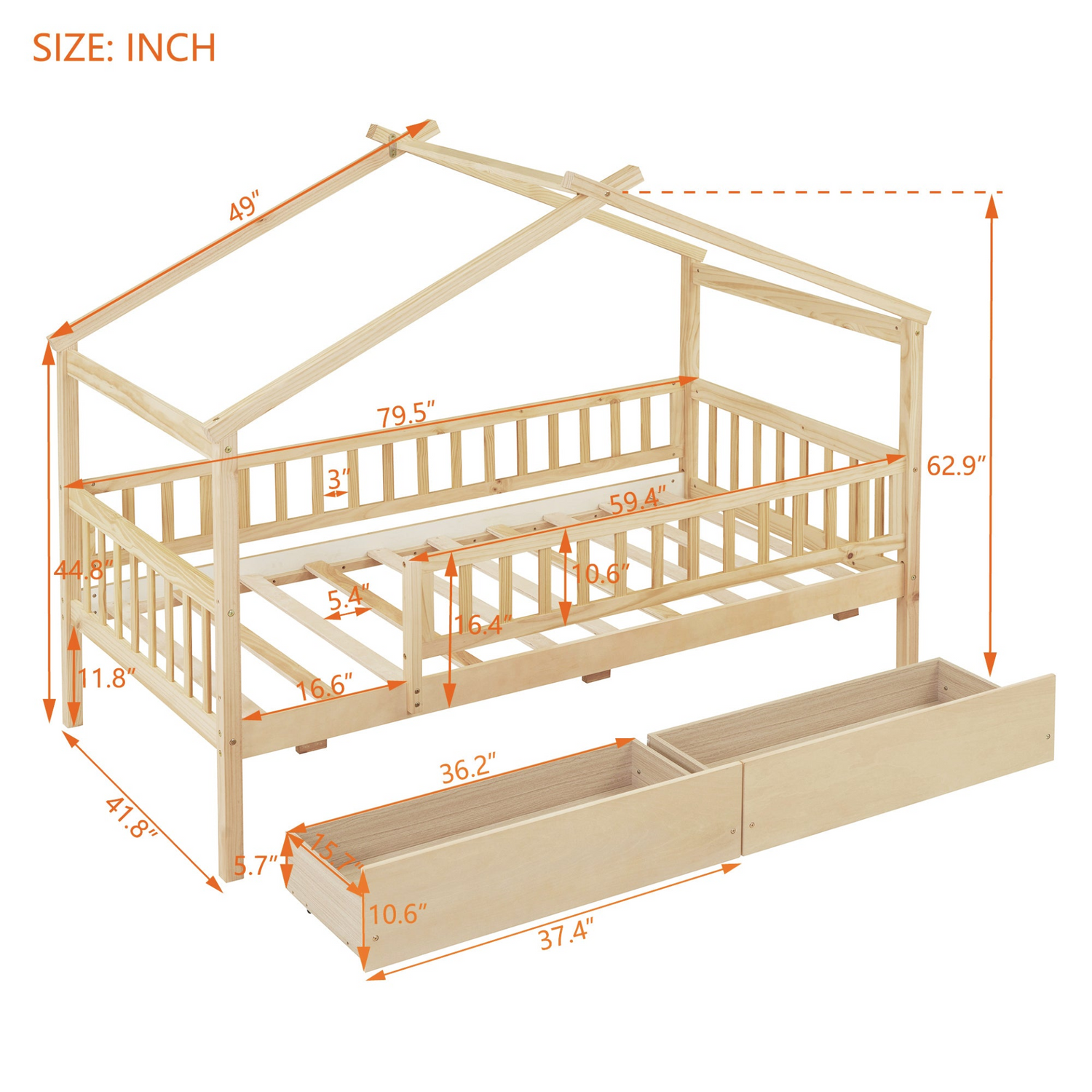 Twin size house bed frame by Start2Finish with wood finish and two built-in storage drawers for bedroom or guest room.