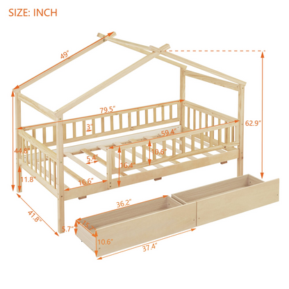 Twin size house bed frame by Start2Finish with wood finish and two built-in storage drawers for bedroom or guest room.