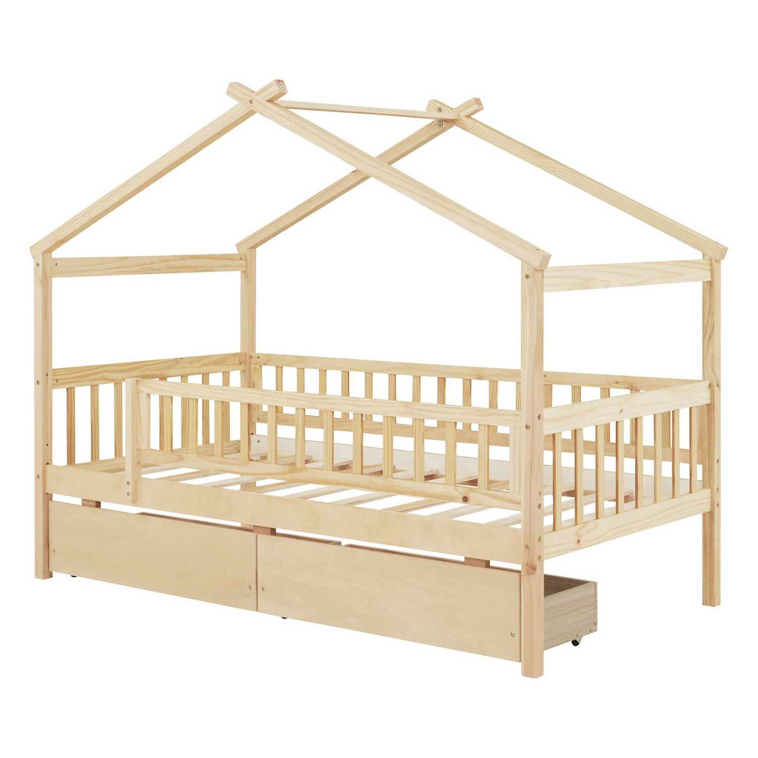 Twin size house bed frame by Start2Finish with wood finish and two storage drawers, ideal for bedroom or guest room.