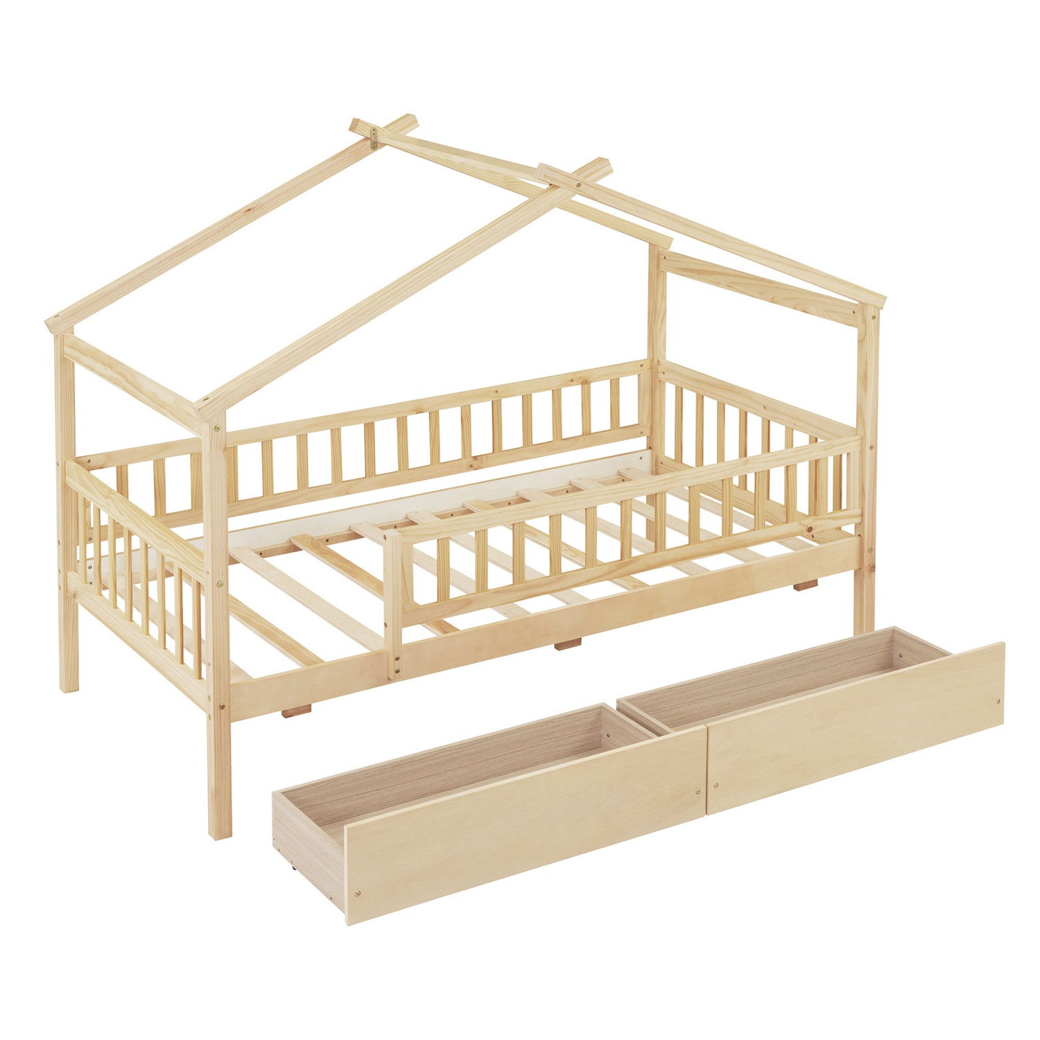 Twin size wooden house bed frame with two storage drawers, ideal for bedrooms or guest rooms, by Start2Finish.