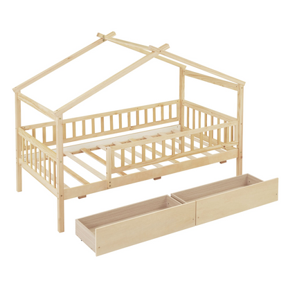 Twin size wooden house bed frame with two storage drawers, ideal for bedrooms or guest rooms, by Start2Finish.
