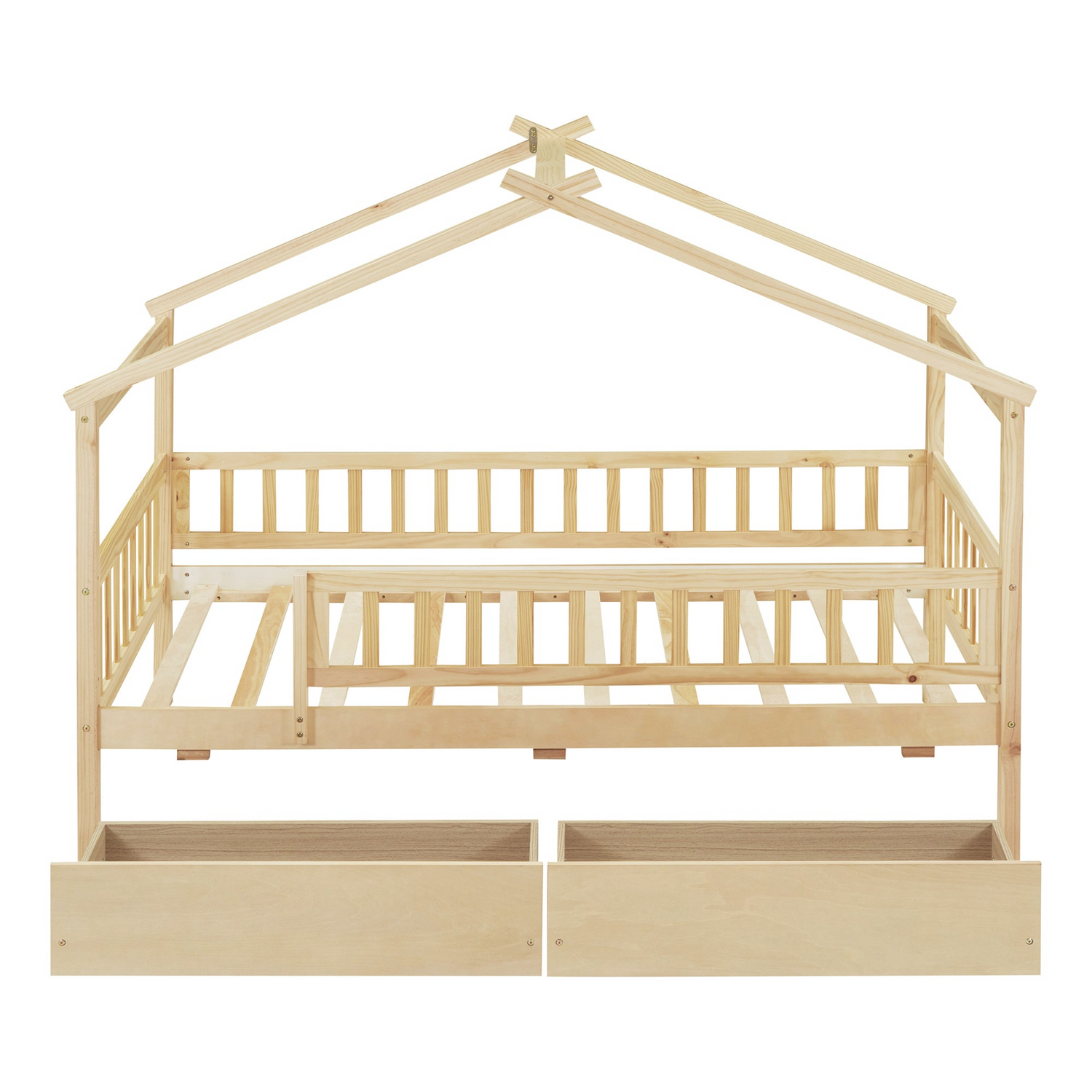 Twin size wood house bed frame with two storage drawers, ideal for bedroom or guest room, by Start2Finish
