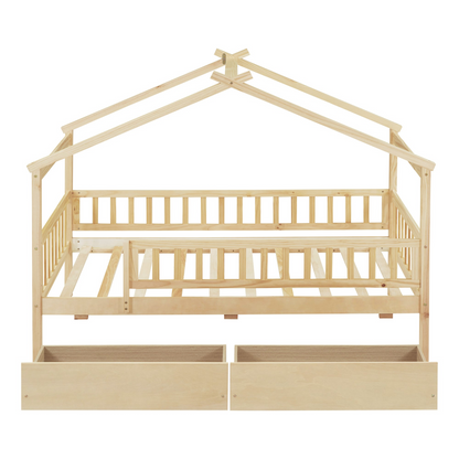 Twin size wood house bed frame with two storage drawers, ideal for bedroom or guest room, by Start2Finish