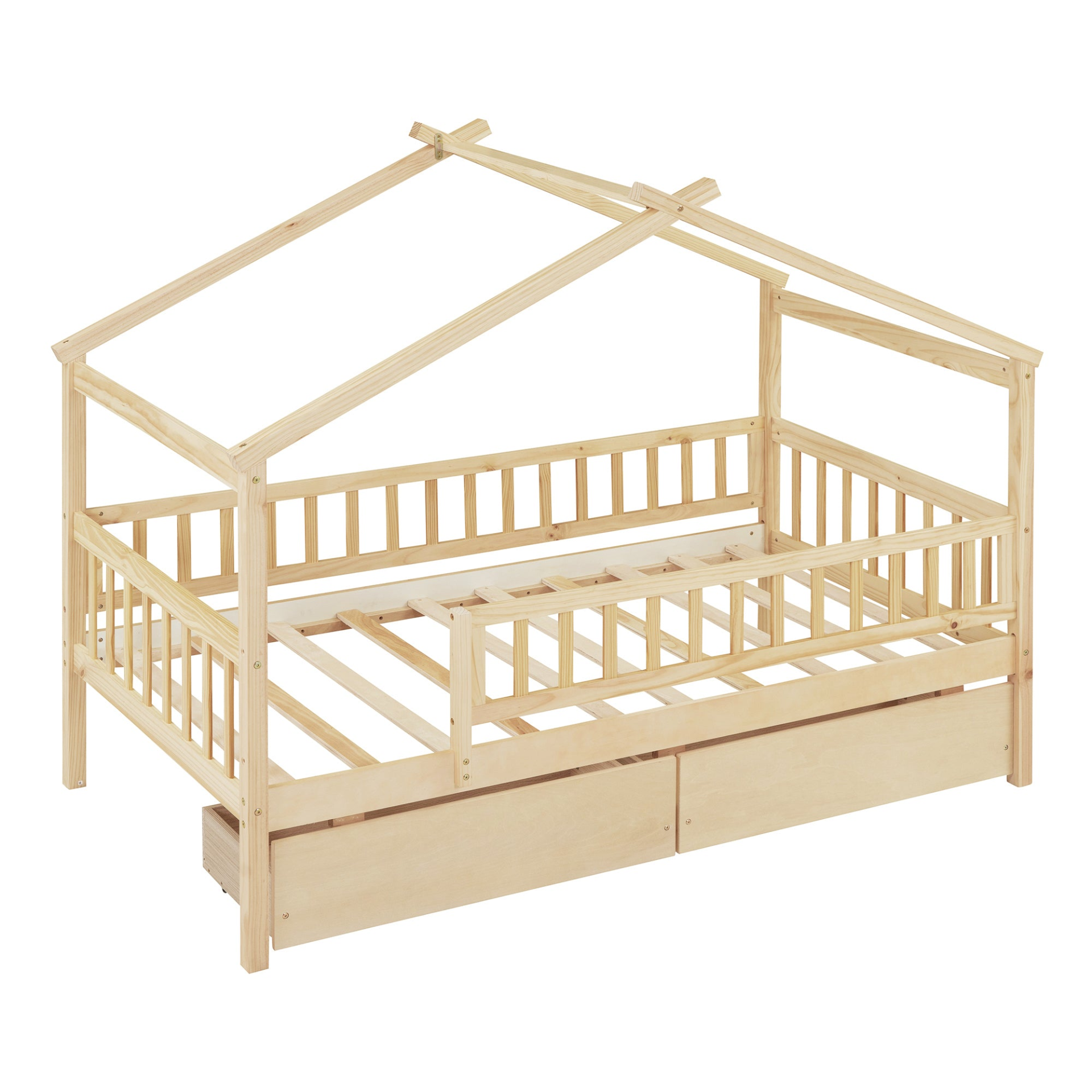 Twin size wooden house bed frame by Start2Finish with two storage drawers, ideal for bedroom or guest room decor.