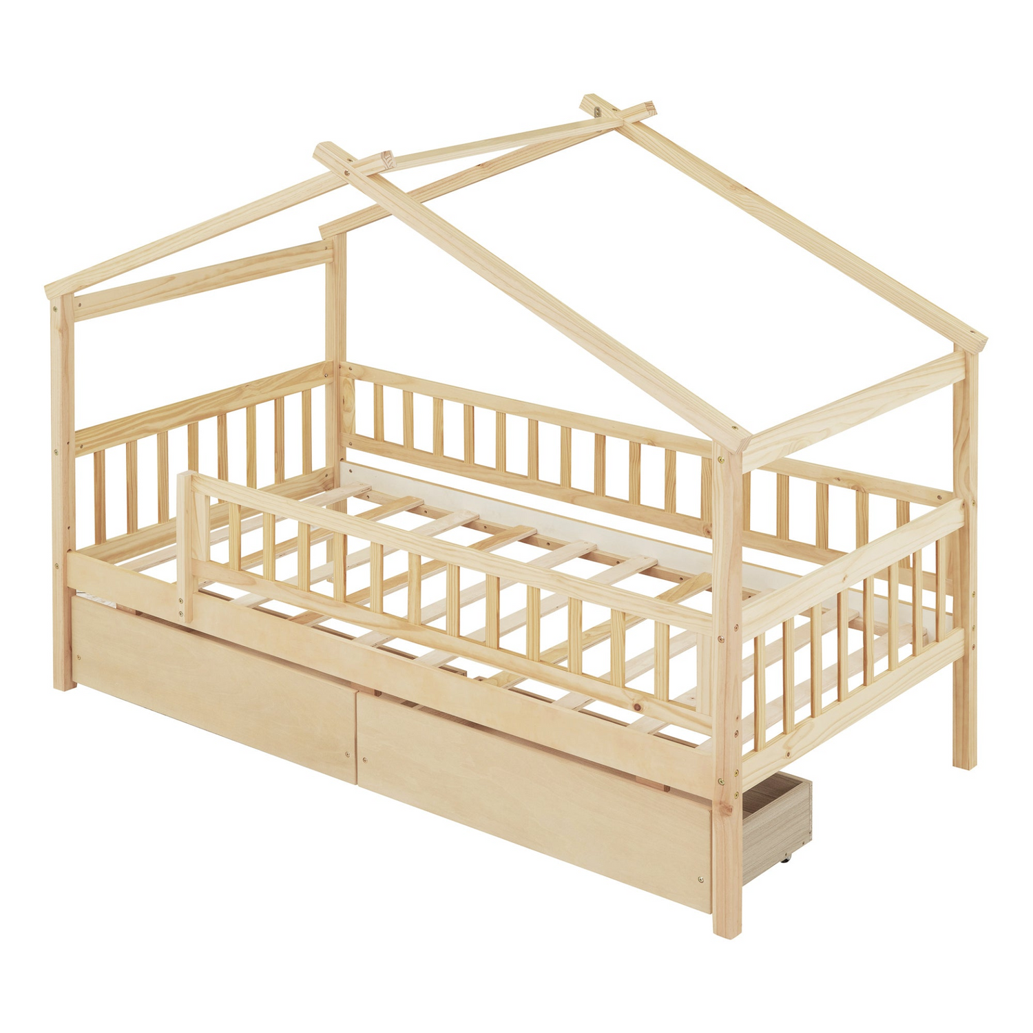 Twin size wood house bed frame with two storage drawers, ideal for bedrooms or guest rooms by Start2Finish.