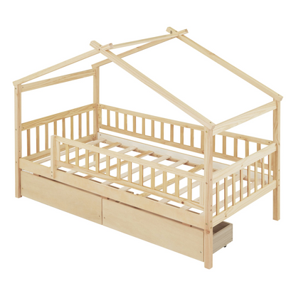 Twin size wood house bed frame with two storage drawers, ideal for bedrooms or guest rooms by Start2Finish.