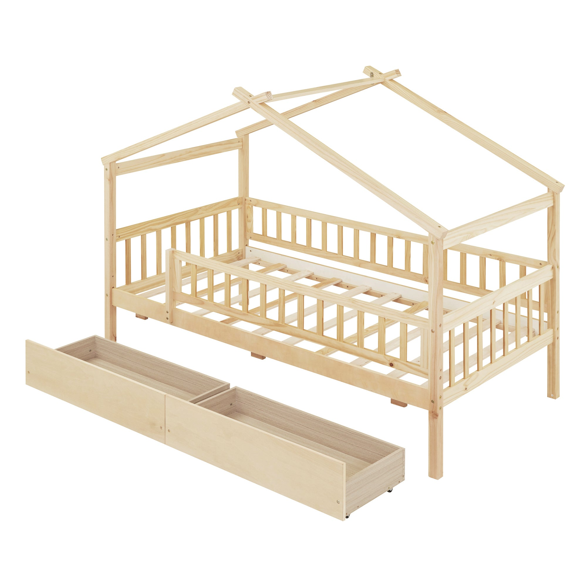 Twin size wood house bed frame with two storage drawers, ideal for bedroom or guest room, by Start2Finish