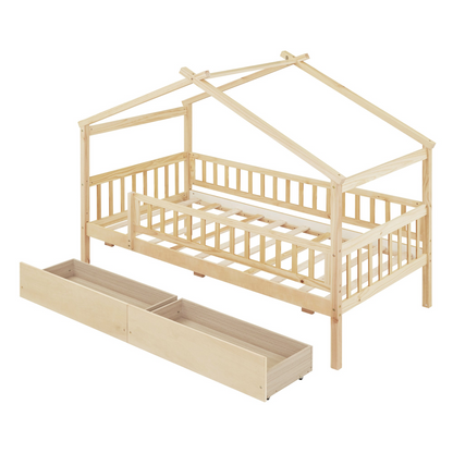 Twin size wood house bed frame with two storage drawers, ideal for bedroom or guest room, by Start2Finish