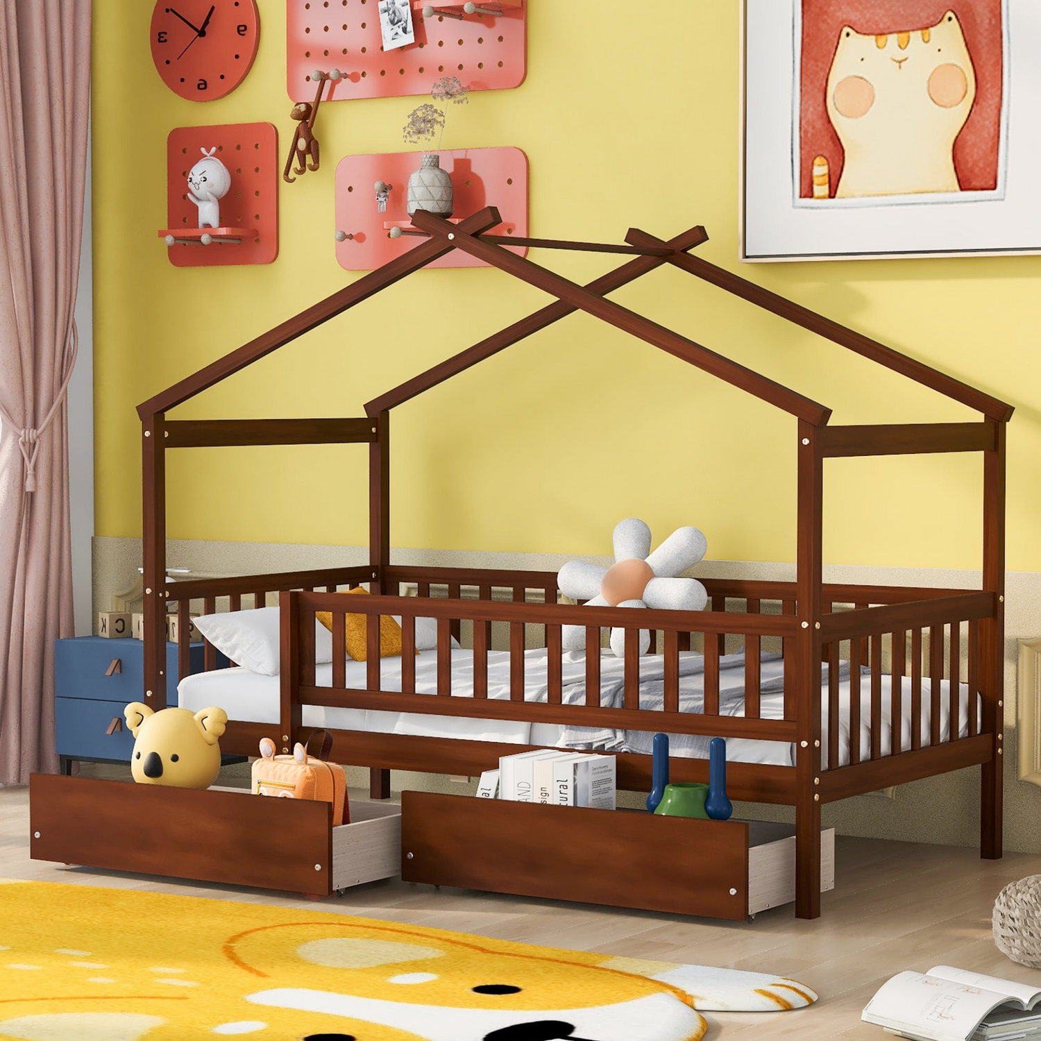 Twin size wood house bed frame by Start2Finish with two storage drawers, ideal for bedroom or guest room decor.