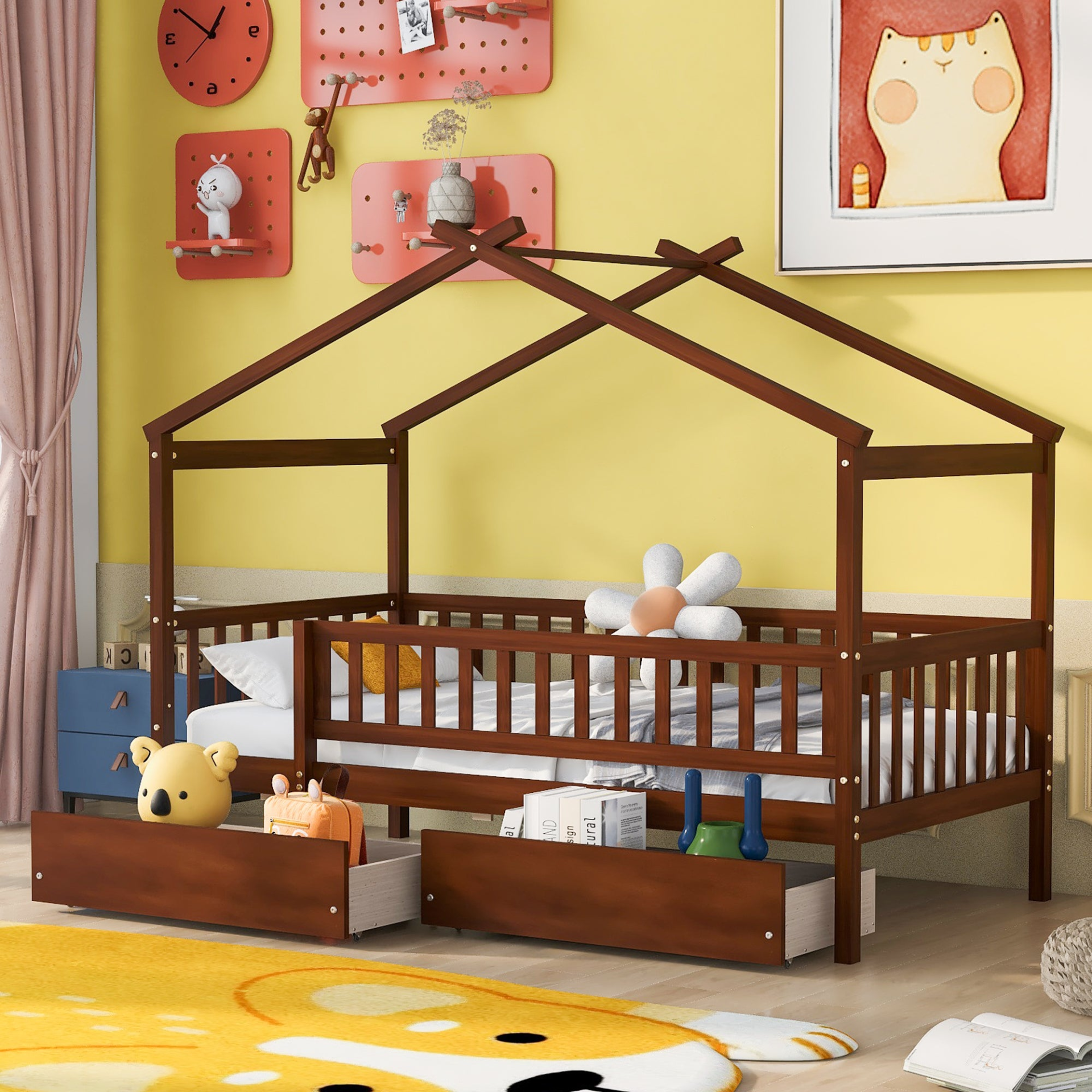 Twin size wood house bed frame by Start2Finish with two storage drawers, ideal for bedroom or guest room decor.