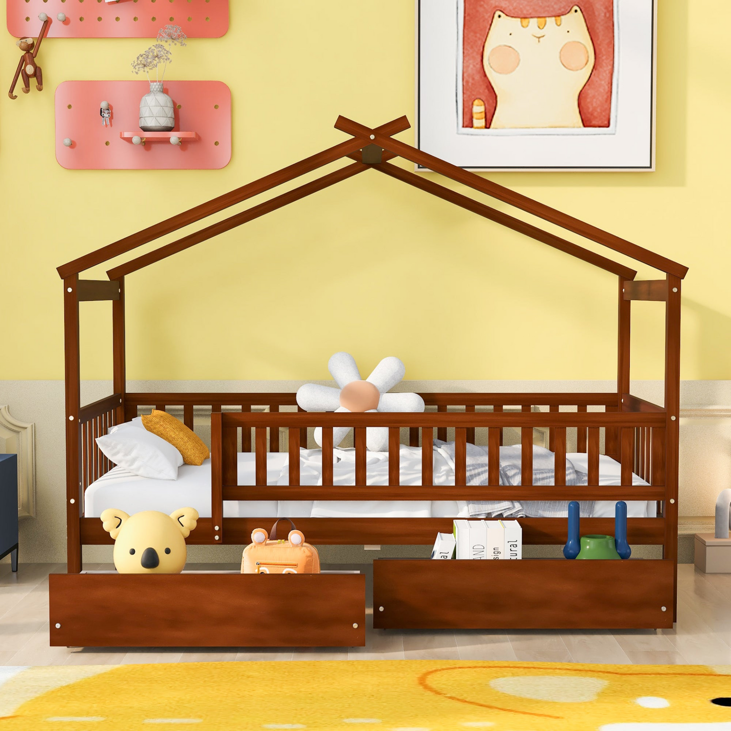 Twin size house bed frame by Start2Finish with wood construction and two storage drawers, ideal for bedroom or guest room decor.