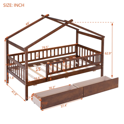 Twin size house bed frame by Start2Finish with wood construction and two storage drawers for bedroom or guest room.