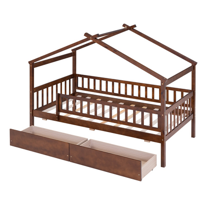 Twin size wooden house bed frame with two storage drawers, ideal for bedroom or guest room by Start2Finish.