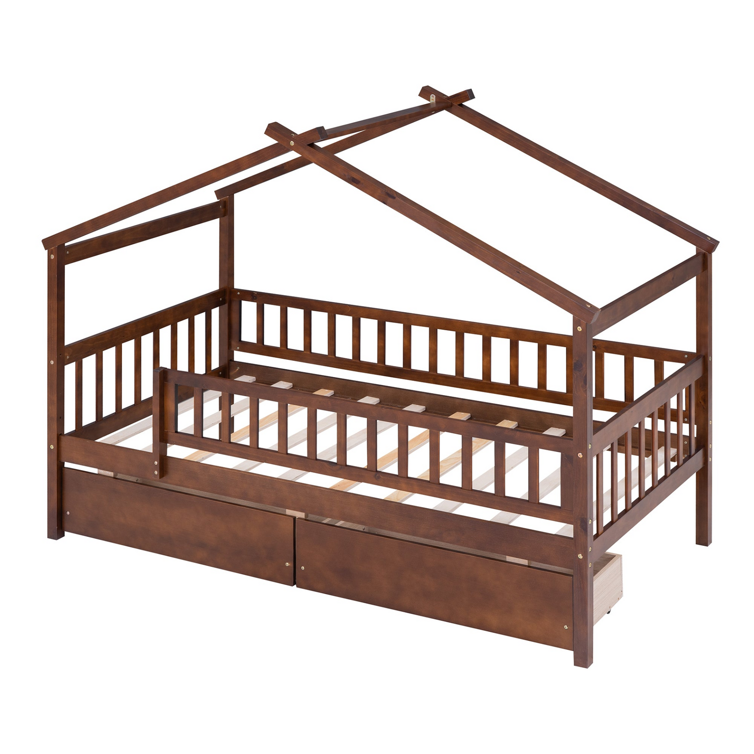 Twin size house bed frame by Start2Finish, wood with two built-in storage drawers, ideal for bedroom or guest room use.