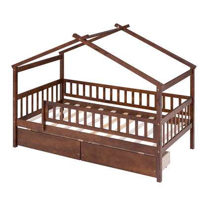 Twin size house bed frame by Start2Finish, wood with two built-in storage drawers, ideal for bedroom or guest room use.