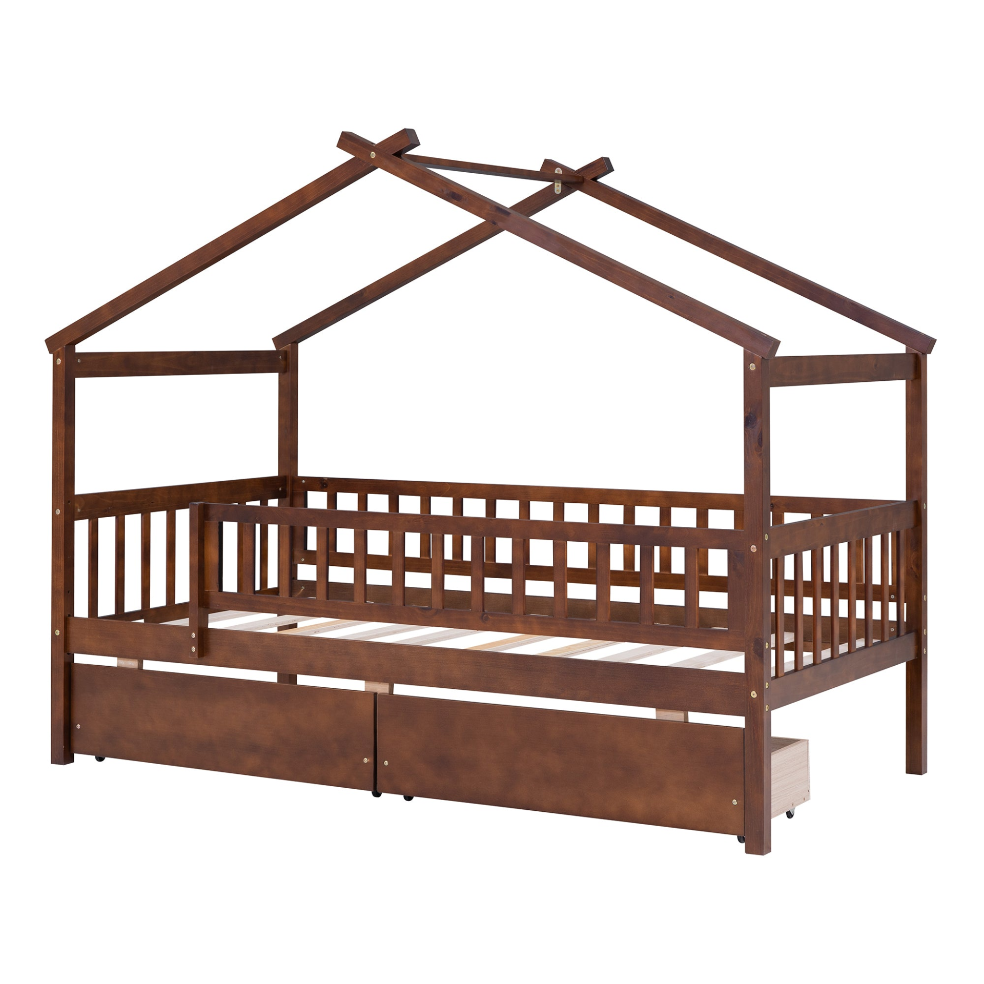 Twin size house bed frame by Start2Finish with wood finish and two storage drawers for bedroom or guest room use.