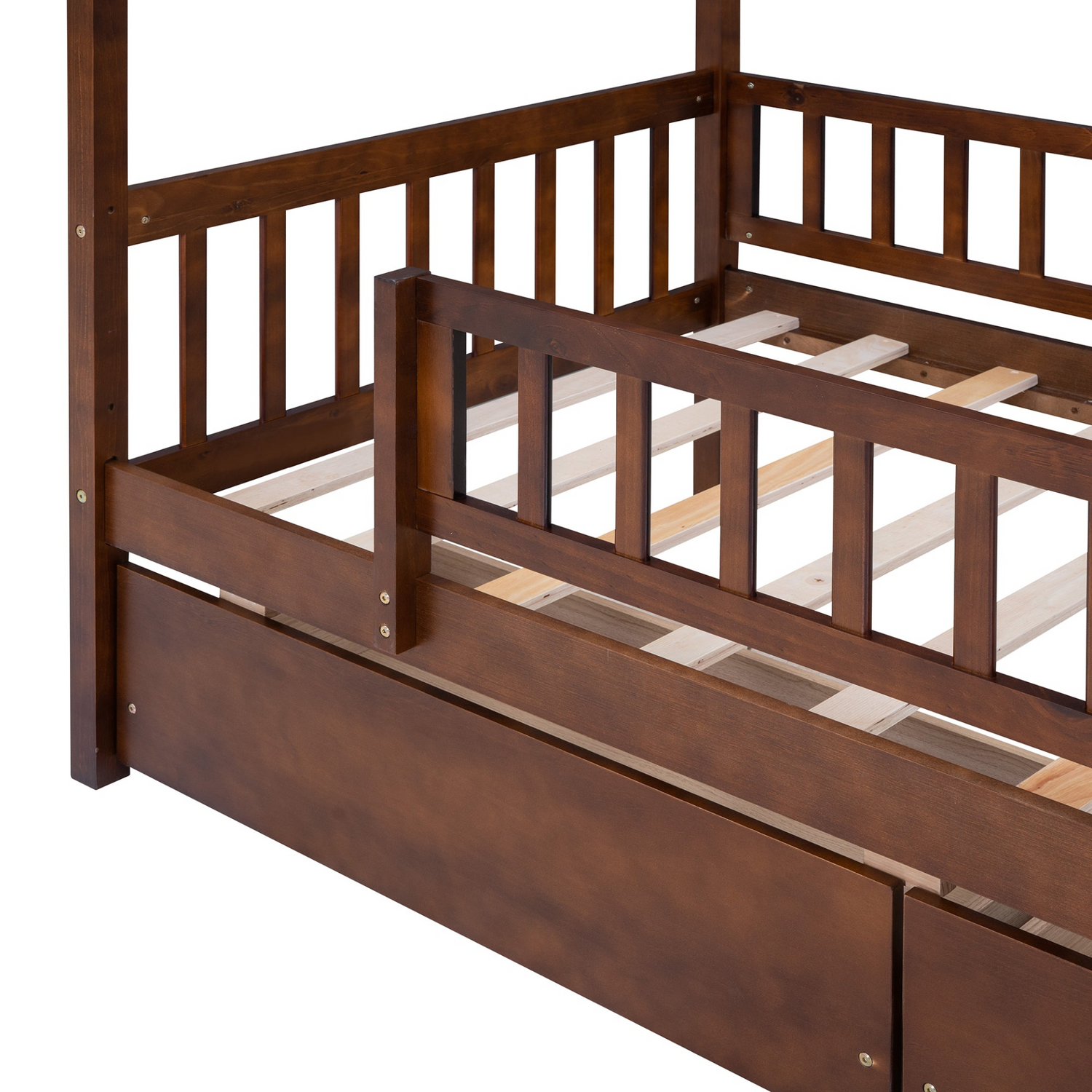 Twin size wood house bed frame with two storage drawers, ideal for bedroom or guest room, by Start2Finish.