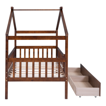 Twin size house bed frame by Start2Finish with wood construction and two storage drawers, ideal for bedroom or guest room.