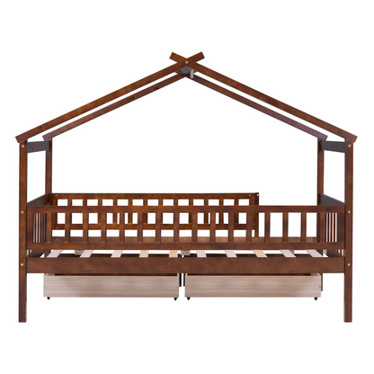 Wood twin house bed frame with two storage drawers, ideal for bedroom or guest room, by Start2Finish
