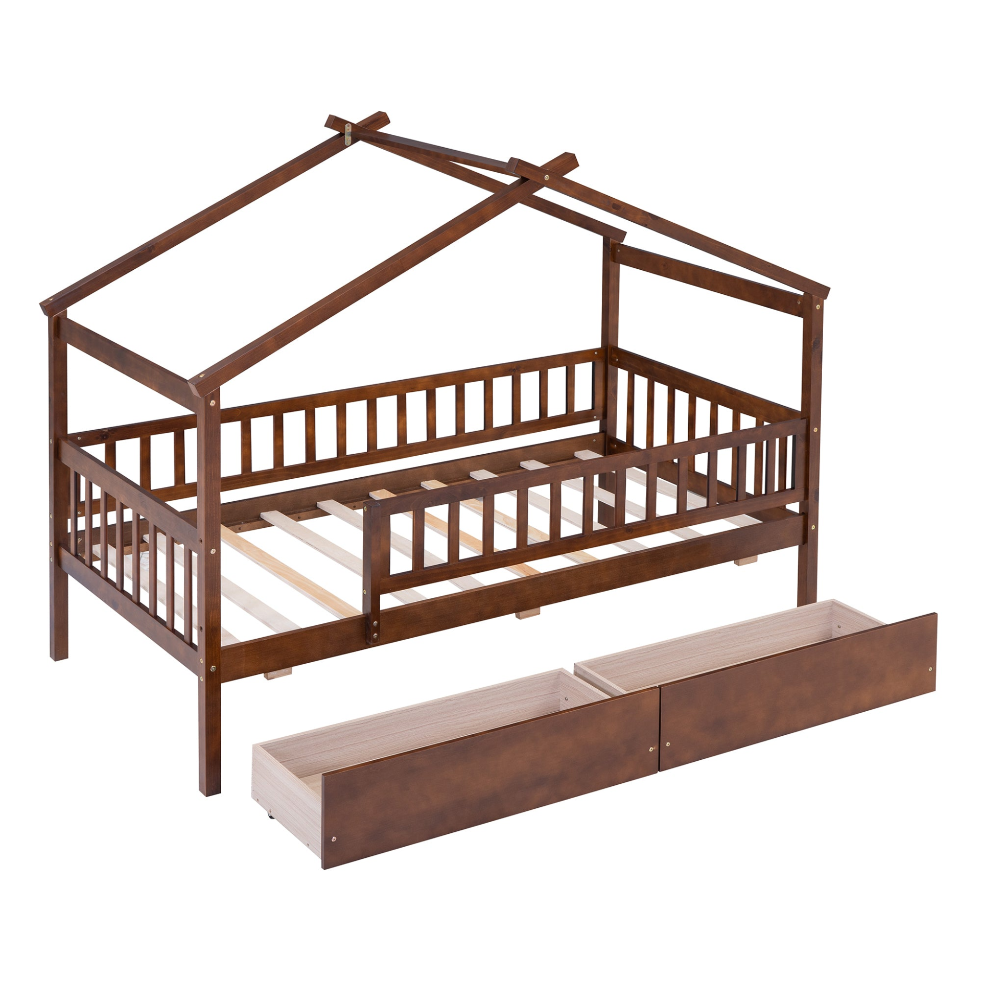 Twin size wood house bed frame with two storage drawers, ideal for bedroom or guest room, by Start2Finish.