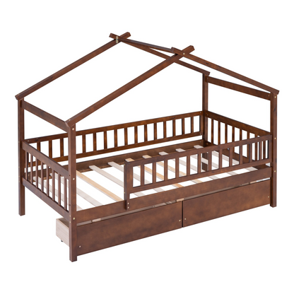 Twin size wooden house bed frame with two storage drawers, ideal for bedroom or guest room by Start2Finish.