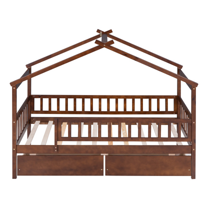 Twin size house bed frame by Start2Finish with wood construction and two built-in storage drawers for bedroom or guest room.