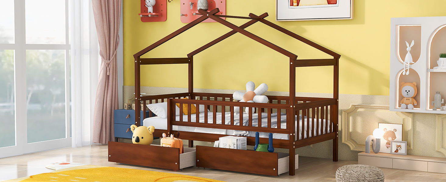 Twin size wood house bed frame with two storage drawers, ideal for bedroom or guest room by Start2Finish.