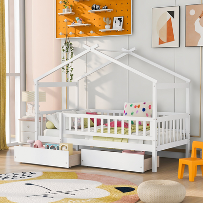 Twin size house bed frame by Start2Finish in wood with two storage drawers, suitable for bedroom or guest room decor.