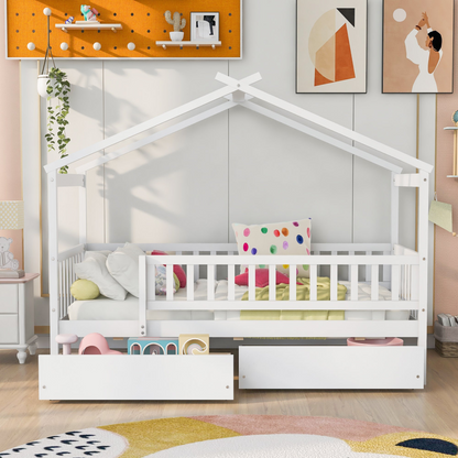 Twin size house bed frame by Start2Finish in wood with two storage drawers, ideal for bedroom or guest room decor.