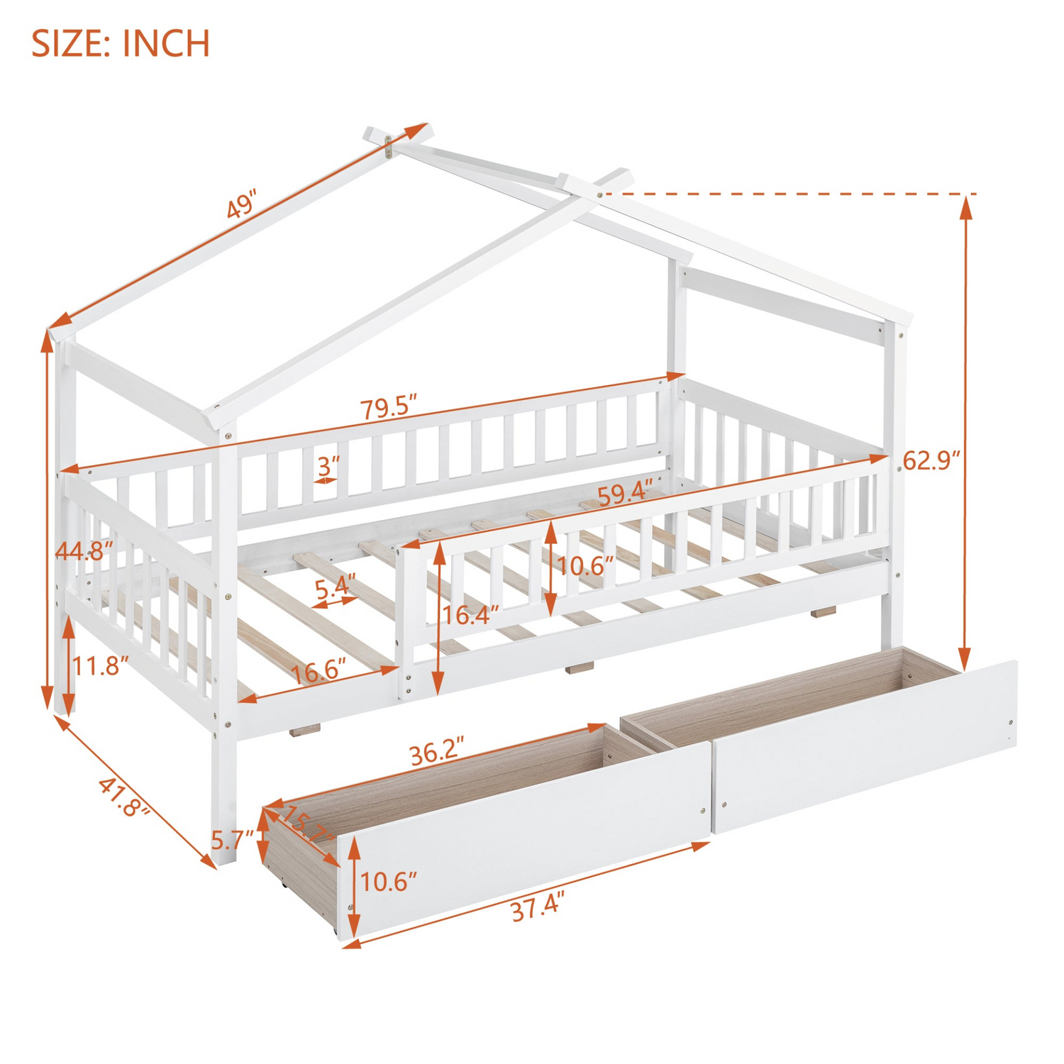 Twin size house bed frame by Start2Finish with wood construction and two storage drawers, ideal for bedroom or guest room.