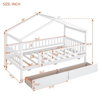 Twin size house bed frame by Start2Finish with wood construction and two storage drawers, ideal for bedroom or guest room.