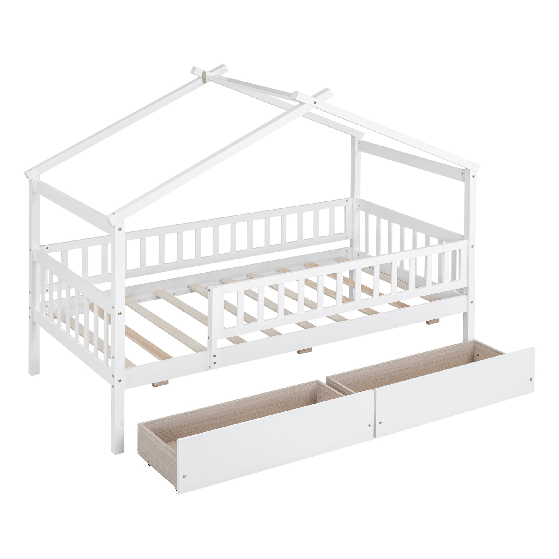Twin size wood house bed frame with two storage drawers, ideal for bedroom or guest room, by Start2Finish