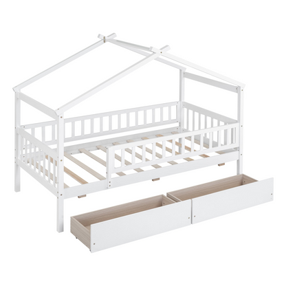 Twin size wood house bed frame with two storage drawers, ideal for bedroom or guest room, by Start2Finish
