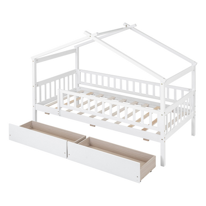 Twin size house bed frame by Start2Finish made of wood with built-in two storage drawers for bedroom or guest room use.
