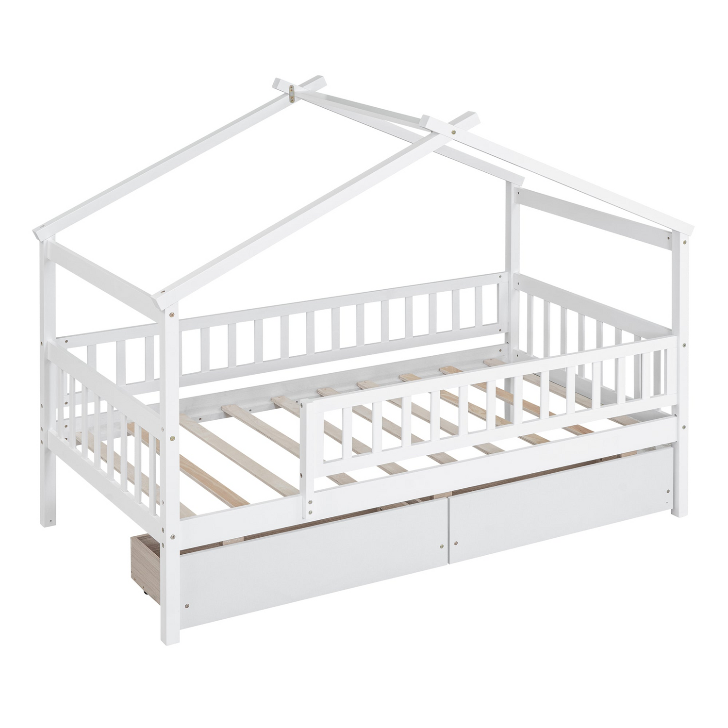 Twin size wooden house bed frame by Start2Finish with two built-in storage drawers, ideal for bedrooms or guest rooms.