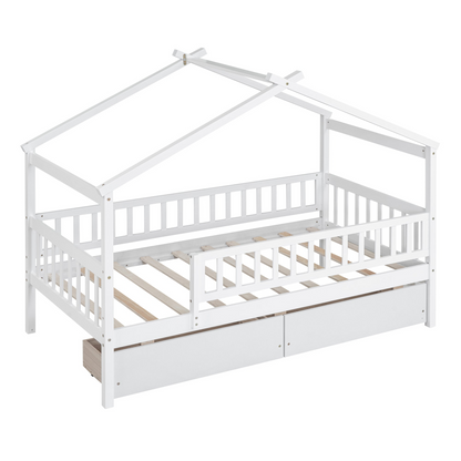 Twin size wooden house bed frame by Start2Finish with two built-in storage drawers, ideal for bedrooms or guest rooms.