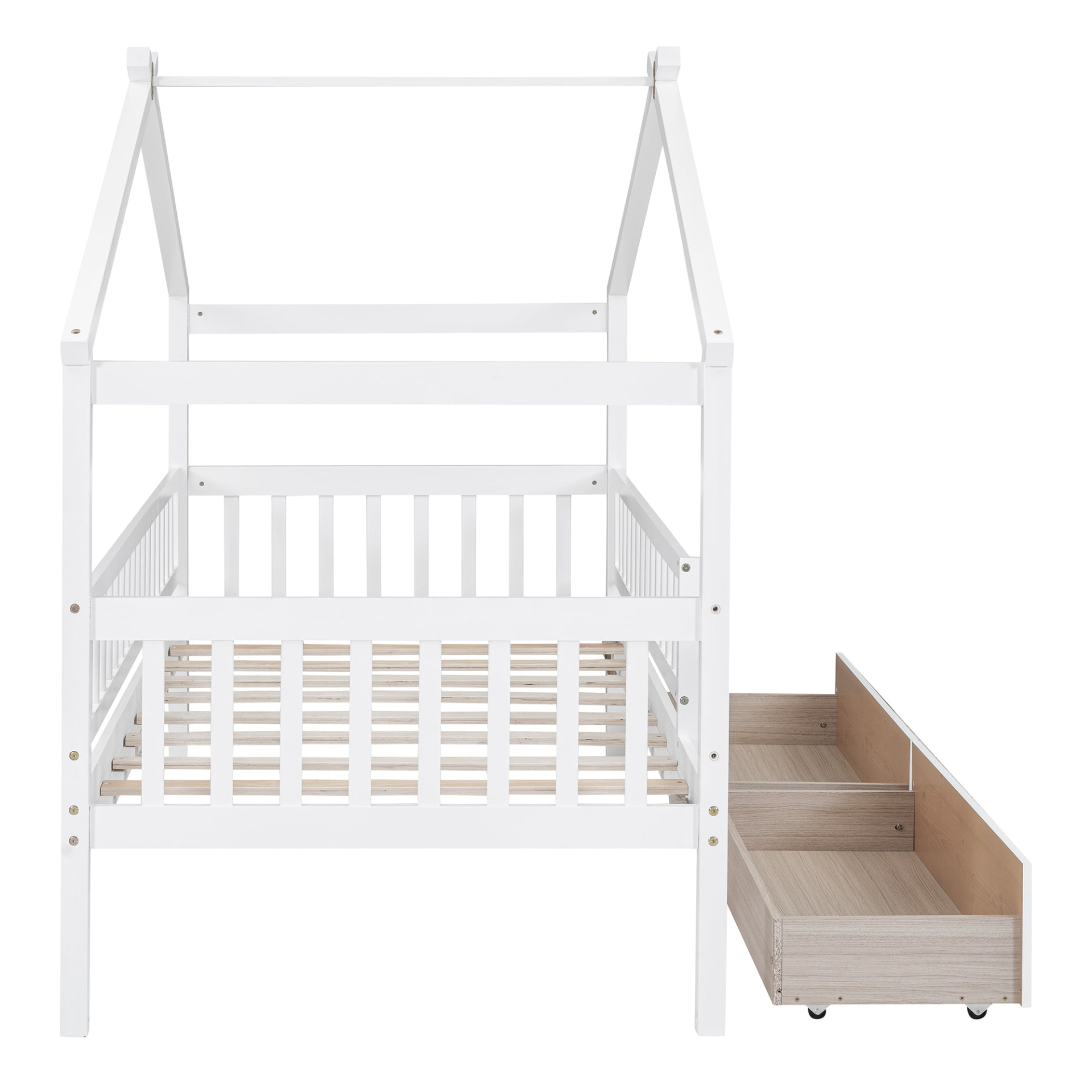 Twin size wood house bed frame with two storage drawers, ideal for bedroom or guest room by Start2Finish.
