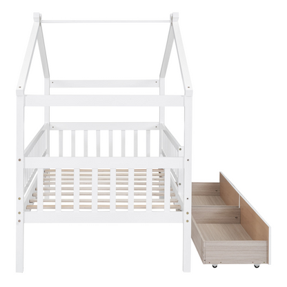 Twin size wood house bed frame with two storage drawers, ideal for bedroom or guest room by Start2Finish.