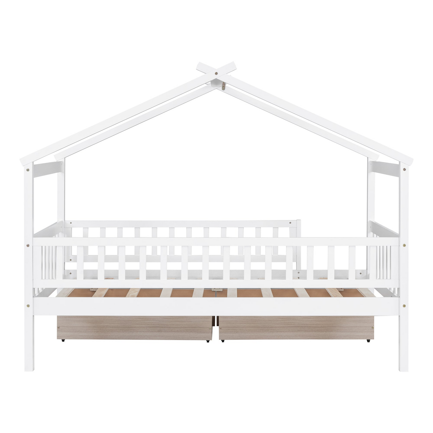 Twin size wooden house bed frame with built-in storage drawers, ideal for bedrooms or guest rooms, by Start2Finish.