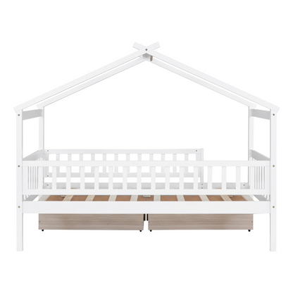 Twin size wooden house bed frame with built-in storage drawers, ideal for bedrooms or guest rooms, by Start2Finish.